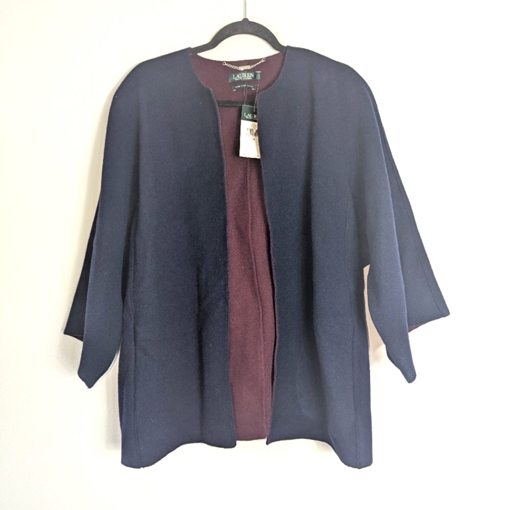 14 NWT Lauren Ralph Lauren Wool Blend Navy Open Front Coat $595